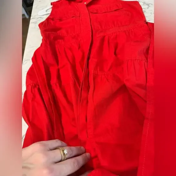 J. Crew Red Cotton Button Down Collar Pockets Sleeveless Belted Tiered Dress- 6 - Picture 11 of 11